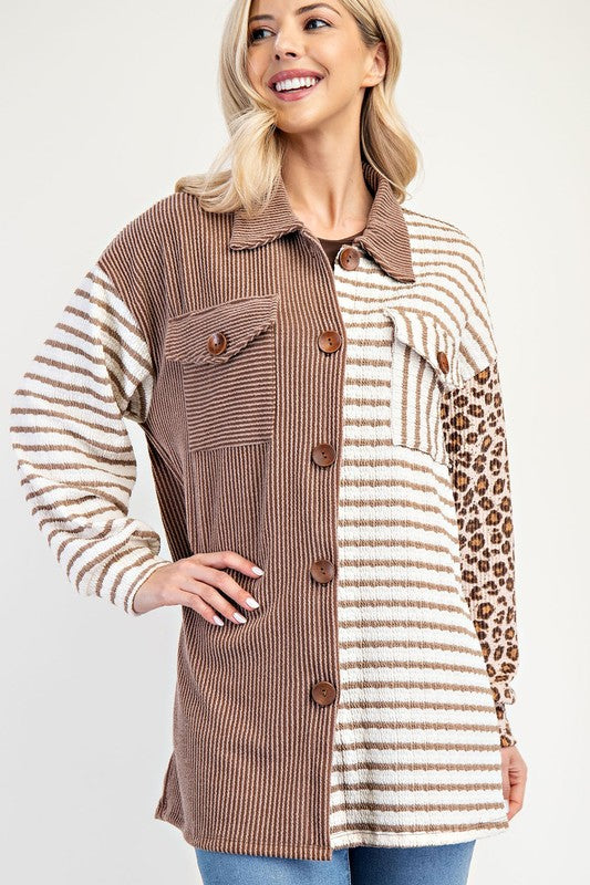 Trendy Colorblock Striped and Leopard Print Button-Up Shacket - Women's Oversized Jacket