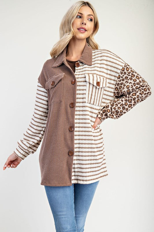 Trendy Colorblock Striped and Leopard Print Button-Up Shacket - Women's Oversized Jacket