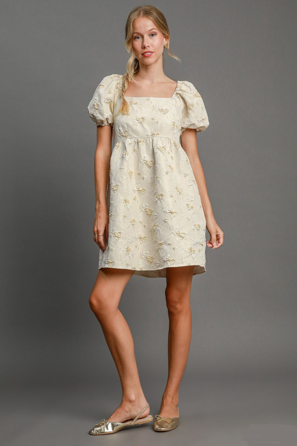 Cream Floral Embroidered Puff Sleeve Mini Dress – Elegant & Timeless Style