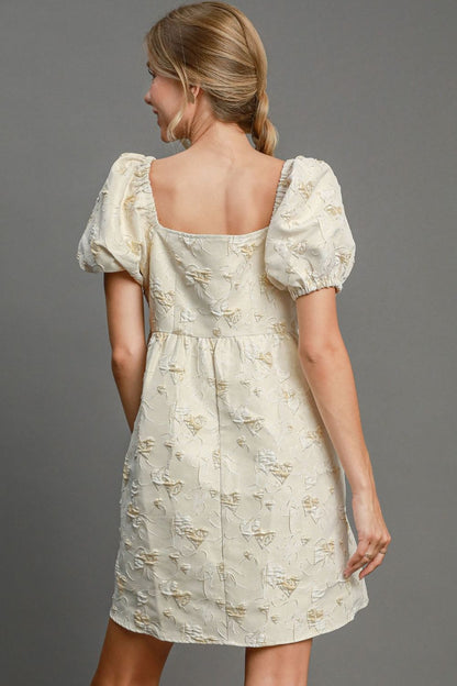 Cream Floral Embroidered Puff Sleeve Mini Dress – Elegant & Timeless Style