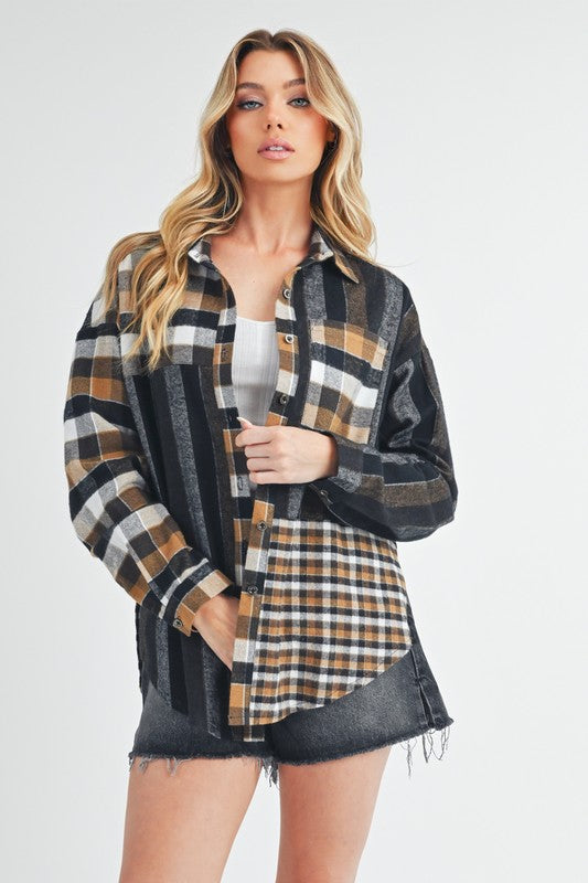 Trendy Patchwork Plaid Button-Up Shirt - Oversized Women's Flannel Top