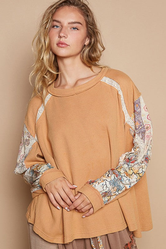 Boho Patchwork Lace Sleeve Waffle Knit Top - Women's Oversized Casual Sweater