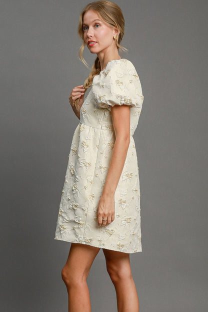 Cream Floral Embroidered Puff Sleeve Mini Dress – Elegant & Timeless Style