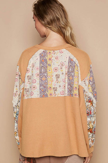 Boho Patchwork Lace Sleeve Waffle Knit Top - Women's Oversized Casual Sweater