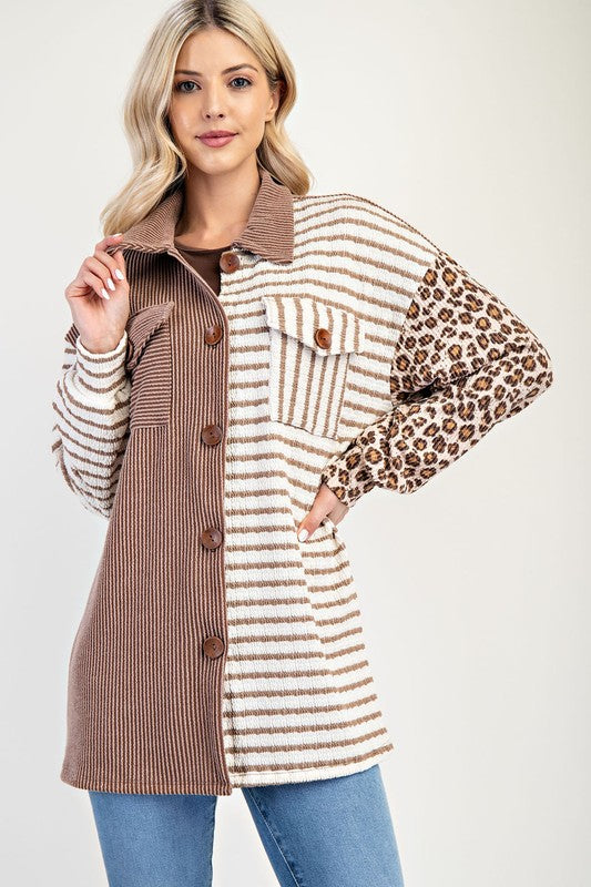 Trendy Colorblock Striped and Leopard Print Button-Up Shacket - Women's Oversized Jacket