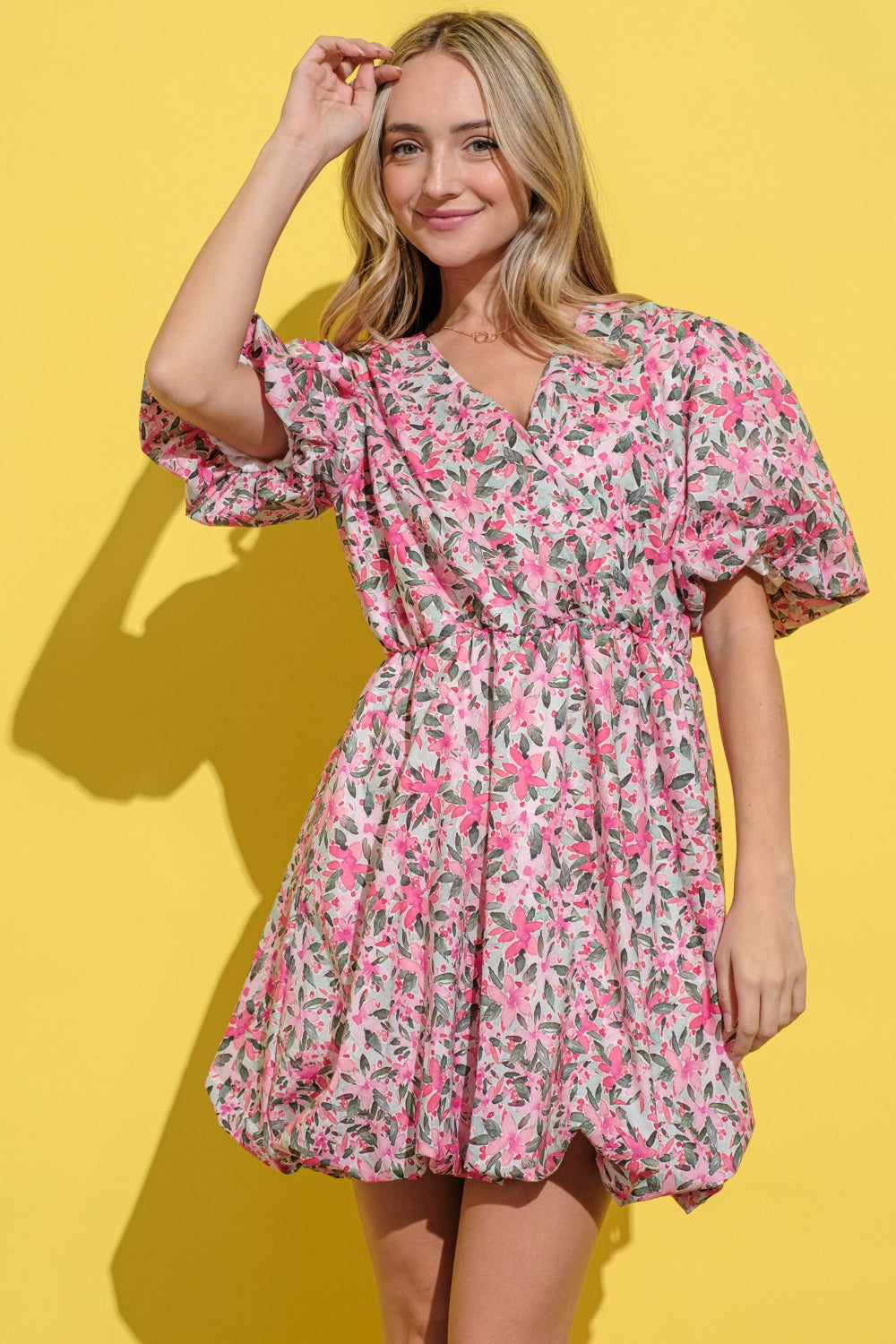 Floral Puff Sleeve Summer Dress – Vibrant Pink and Green Blooms, Lightweight & Chic Design