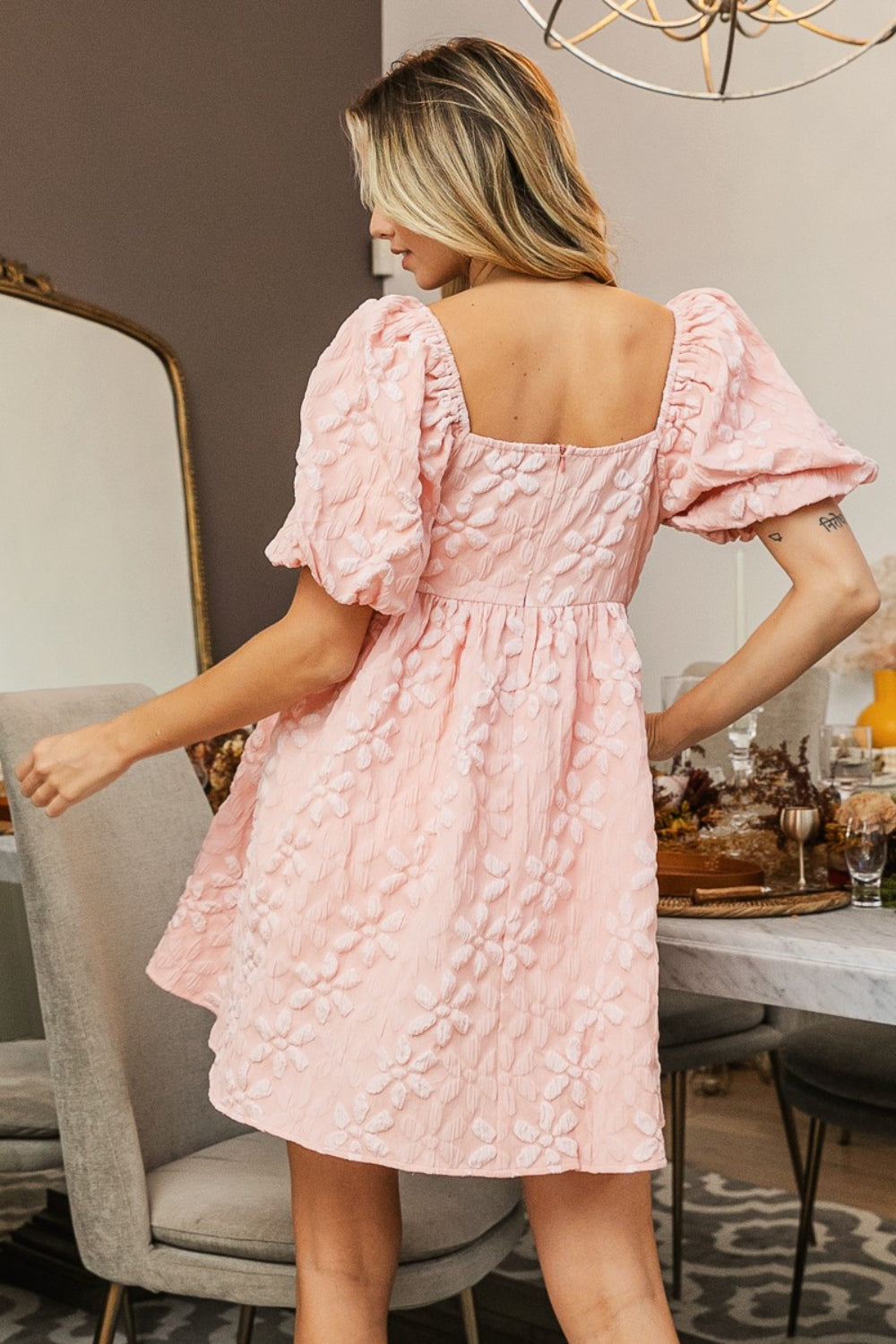 Pink Puff Sleeve Embroidered Mini Dress – Elegant & Feminine Style