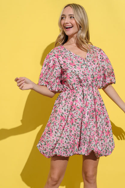 Floral Puff Sleeve Summer Dress – Vibrant Pink and Green Blooms, Lightweight & Chic Design