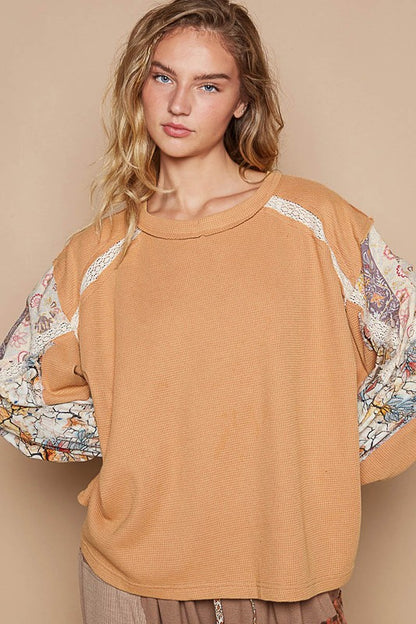 Boho Patchwork Lace Sleeve Waffle Knit Top - Women's Oversized Casual Sweater