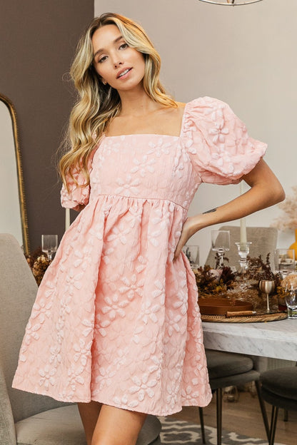 Pink Puff Sleeve Embroidered Mini Dress – Elegant & Feminine Style