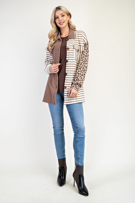 Trendy Colorblock Striped and Leopard Print Button-Up Shacket - Women's Oversized Jacket