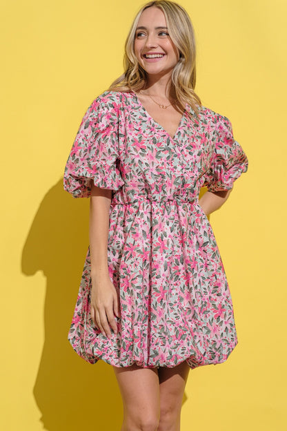 Floral Puff Sleeve Summer Dress – Vibrant Pink and Green Blooms, Lightweight & Chic Design